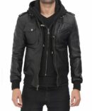 Men's Hooded Black Bomber Leather Jacket