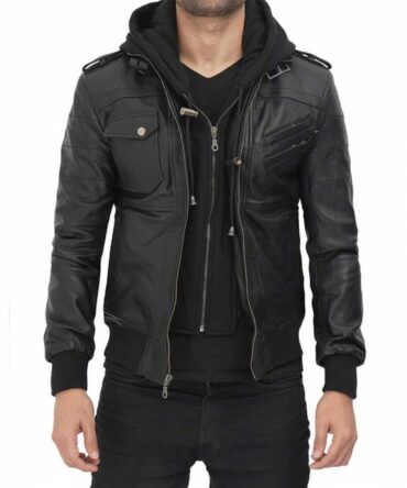 Men's Hooded Black Bomber Leather Jacket