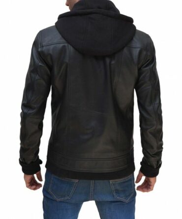 Men's Hooded Black Bomber Leather Jacket