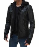 Men's Hooded Black Bomber Leather Jacket